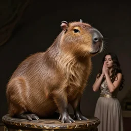woman praying to a capybara that is sitting on a pedastal