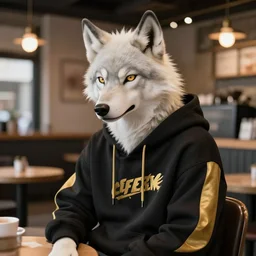 anthropomorphic albino wolf fursona wearing a casual black and gold hoodie at a hipster coffee shop, highly detailed, artgerm style, artstation, soft light, sharp focus, illustration, character design