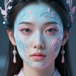 intricate highly detailed face portrait of asian - european woman, light blue - pink gradient water vines on her face, intricate, cgsociety, unreal engine, octane render, sharp focus, smooth, volumetric lighting, cinematic composition, artstation