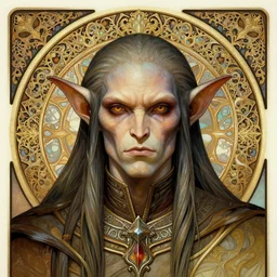 head-on symmetrical centered painted portrait, male golbin imp rogue, art nouveau, tarot card, complex fractal doorway background, masterpiece, fantasy, intricate, elegant, highly detailed, smooth, sharp focus, illustration, artstation, in the style of Artgerm and Anna Podedworna and Alex Ross and Mucha