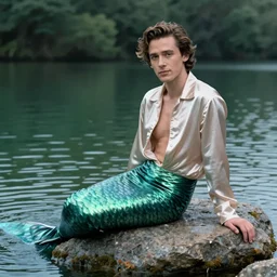 Tom Hiddlestone as a beautiful mermaid  sitting on a rock  in the middle of a lake wearing a shiny silk jacket