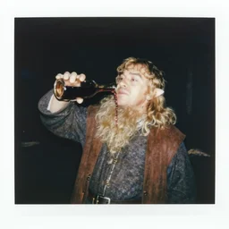 atmospheric polaroid photo of a tolkien dwarf, pouring wine into his mouth