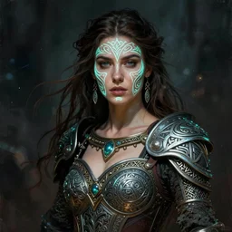 portrait painting of the beautiful posing celtic warrior queen with sexy neckline and with traditional celtic face painting, concept art, trending on artstation. glowing, ornate and intricate, stunning, dynamic lighting, intricate and detailed.
