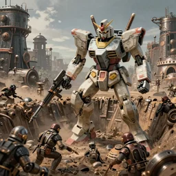 a high fantasy Gundam mech attacking the enemy trench in the style of desielpunk/steampunk/decopunk detailed realistic High Resolution HD 8k