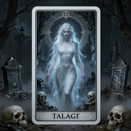 tarot card concept of a beautiful centered etheral ghost female facing camera in ruined cemetery by night, ultra intricate details, omnious style, volumetric light and fog, skulls