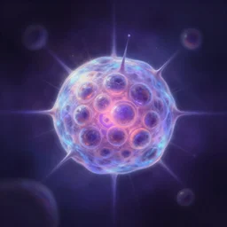 biological cell in the center, iridescent radiant light in darkness, digital painting, artstation, dark purple and blue color