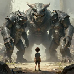 concept art, the kid facing giant monsters in front of the kid, fine detail, trending on artstation, michel donze