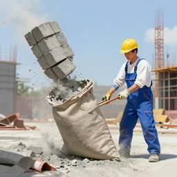 digital art painting of a sack of concrete falling on a construction working wearing blue coveralls