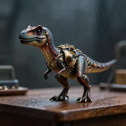 action photography, long shot, dark and rainy, award winning macro photo of an ultra detailed intricate tiny steampunk velociraptor standing on a desk, fast shutter speed, motion blur, tiny gaussian blur, highly detailed, highly intricate, depth of field, national geographic