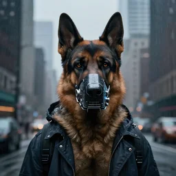new york city portrait of furry anthro anthropomorphic german shepard head animal person fursona wearing clothes strange ((cybernetic)) ((augmentations)) ((cyber)) muzzle gloomy rainy cyberpunk digital art by Greg Rutkowski, Simon Stalenhag, trending on Artstation, CGSociety