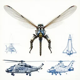 a mechanized dragonfly with wings spread out, landing gear for legs orthographic view, top down view, bottom view, side view, blueprints, apache chopper, mecha, helicopter, space shuttle, robotic, highly detailed, artstation, super realistic, unreal engine