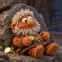 a short cute artificer dwarf muppet with a big beard and an obsession for gold and gems who is currently holding a coin and who loves to sleep on rocky terrain, sesame street, photograph, photography, ultrarealistic, national geographic