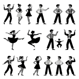 game asset sheet, material study, 2 d sprite, 1 9 0 0 s era characters from california dancing or standing