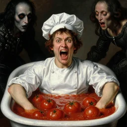 a chef sitting in a bathtub full of tomato sauce, looking straight into camera, screaming in pain, by giuseppe arcimboldo and ambrosius benson, renaissance, fruit, intricate and intense oil paint, a touch of beksinski and hr giger, realistic
