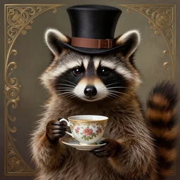 a raccoon with a top hat holding a tea cup, intricate, highly detailed, digital painting, artstation, concept art, smooth, sharp focus, illustration, unreal engine 5, 8 k, art by artgerm and greg rutkowski and alphonse mucha