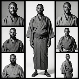 an african chief wearing a Japanese Kimono, african facial features, full body shot, rembrandt lighting, black & white, magazine collage,