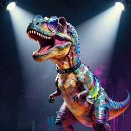 a dinosaur wearing circular glasses, wearing a choker, side portrait, defiant, passionate, spotlight, paint drips, glitching paint splatter, vibrant colors, dramatic, brush strokes, collage, futuristic clothing, digital painting, by marco paludet, by jeremy mann, by hannah hoch