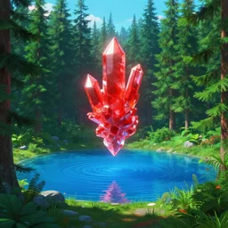 vaporwave evergreen forest with a clear blue lake in a clearing where an abstract red crystal sculpture is floating above it, powerful, ethereal, vaporwave