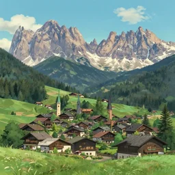a town in the dolomites mountains, studio ghibli, anime