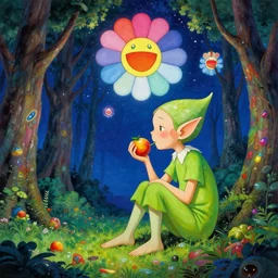 an elf eating fruit in the woods y by takashi murakami,, beeple and james jean, aya takano color style, 4 k, super detailed, night sky, digital art, digital painting, celestial, majestic, colorful
