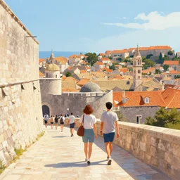 i walk in dubrovnik, croatia. volumetric lighting, summer, late morning, clear weather, few clouds, realistic illustration, perfectly shaded, soft painting, art by krenz cushart and wenjun lin