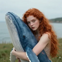 a portrait of a red headed young woman hugging a whale in a scenic environment by Bowater Charlie