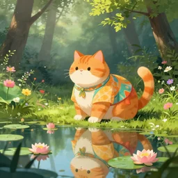 a big fat orange cat near a mirror like pond, by alan lee, colorful clothing, springtime flowers and foliage in full bloom, lotus flowers on the water, dark foggy forest background, sunlight filtering through the trees, digital art, art station.