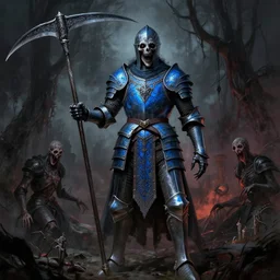 cinematic colorful horror artwork by jean delville, beksinski, bernie wrightson ; ancient wright knight wearing haunting ancient azure ornamented armor, ghastly, wielding scythe, full body concept, haunting, brutal scary terrifying, 8 k hdr, creepy intricate ; dramatic lighting, insanely detailed