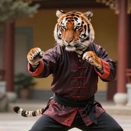 a real life tiger kungfu fighter wearing traditional chinese clothes