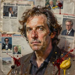 hyperrealistic, photorealistic, mixed media oil painting of william s burroughs, magazine scraps, plaster, blood, oil, mustard, splatter, greg rutkowski, basquiat, ralph steadman, wesley kimler