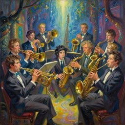 a painting of a group of men playing instruments, a jazz band in new orleans, fantasy art by greg rutkowski, loish, rhads, ferdinand knab, makoto shinkai and lois van baarle, ilya kuvshinov, rossdraws, tom bagshaw, global illumination, radiant light, detailed and intricate environment, vibrant, magical
