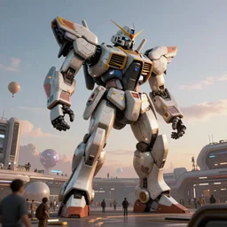 a beautiful hyperrealistic ultradetailed 3 d render of a gigantic mecha guarding a sci - fi spaceport, by jordan grimmer : 3, mech, unreal engine, octane render, gigantic, unreal engine, octane render, 3 d, brilliantly coloured, intricate, ultra wide angle, trending on artstation, dusk, volumetric lighting, hdr, polished, micro details, ray tracing, 8 k : 2, people, sphere, balloon, blurry, blur, depth of field, dof, bokeh, obscured, macro : - 1