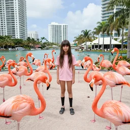 devin sawa surrounded by flamingos, miami, florida, 3 5 mm, f / 2. 8, wide angle