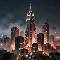 city made out of flesh, night time, foggy, eerie lighting, 4k, unreal engine, artstation, photorealistic