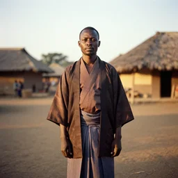 analogue photo of an igbo man wearing Haori & Hakama, african village, 35mm, f/1.4, Golden Hour light, national geographic, photographed by Martha Cooper,
