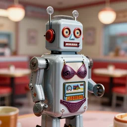 highly detailed closeup, profile portrait of a tin toy 1 9 5 0 s robot diner, bikini, unreal engine, nicoletta ceccoli, mark ryden, earl norem, lostfish, global illumination, detailed and intricate environment