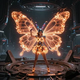 a girl like yoona, in a glowing skirt, wearing cybernetic bunny ears, casting fire spell in shape of a butterfly, in the middle of round ruins, background cyberpunk spaceship, full shot, photo, geometries, Fibonacci volumetric lighting, epic composition, intricate details, dark neon punk, by denis villeneuve , Greg Rutkowski and Alphonse Mucha