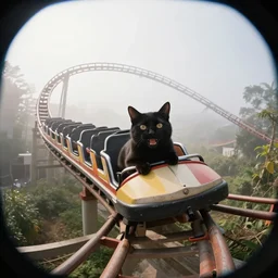 happy black cat on a rollercoaster looping. focus on the cat. sunny and foggy. fish eye lens. canon eos r 3, f / 1. 4, iso 2 0 0, 1 / 2 0 s, 8 k, raw.
