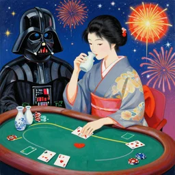 single woman in a japanese kimono drinking sake, sitting at an extremely detailed poker table with the detailed darth vader, sake on the table, fireworks and stars on the background, canvas, acrylic paint, by roy liechtestein, by katsushika hokusa, isometric, pop art, 4 k, ultra - hd
