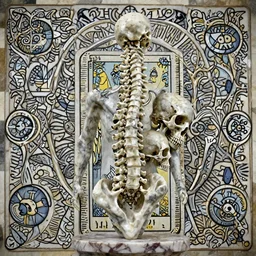 a beautiful marble sculpture of a kintsugi human spine, skull eating the spine, on a marble pedestal, hyper detailed, photorealistic, 4 k, trending on artstation, octane render, tarot card with ornate border frame