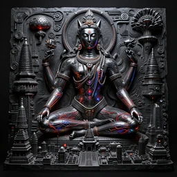 epic dark studio cyberpunk sculpture shooting at Khajuraho, black, octane, rimlight, by david lachapelle, godes, made from electric condensators Shiva, veins, vibrant, xray,  flat shaped chrome relief, fossil, MINIATURE CITY, mechanic bionic fungus flower cyberpunk cat mechabot,  maze, tubes, joints, buttons, gears, relief by Goga Tandashvili, by jonas burgert, by Wayne Barlowe, cinematic