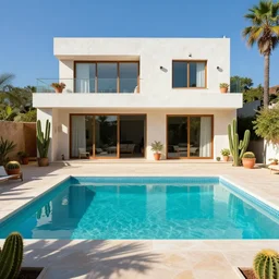 brutalist villa with pool, summers day, ana popescu style art, shadow, cactus, colourful, detailed