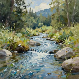 A beautiful, highly detailed, masterpiece, next to a small crystal clear river, oil painting by Greg Rutkowski.