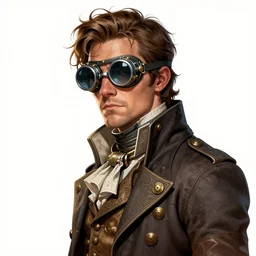 hyper detailed comic illustration of a steampunk matthew mcconaughey wearing goggles and an intricate Victorian jacket, markings on his face, by Android Jones intricate details, vibrant, solid background, low angle fish eye lens