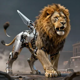 a robotic lion , artwork by Sergey Kolesov, detailed, dynamic, cinematic composition