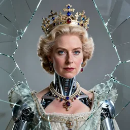 portrait of a cyborg queen elizabeth, shattered glass, regal jewellery, crown, cinematic light, backlight, blue sky gold, mist, clouds, by mikhail vrubel, by philippe druillet, by wlop, by peter elson, by gerald brom, muted colors, ( extreme detail ), trending on artstation, 8 k