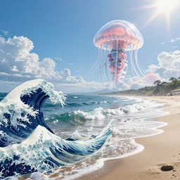 A very beautiful serene coastal landscape scene with a GIANT MECHA JELLYFISH looming in the distance, bright sunny, the great wave of kanagawa, waves splashing on the beach, Hokusai, Translucent rendered by simon stålenhag, rendered by Beeple, Makoto Shinkai, syd meade, environment concept, digital art, starwars, unreal engine, 3 point perspective, WLOP, trending on artstation, low level, 4K UHD image, octane render,