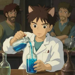 a scientist cat filling a bottle with iridescent blue liquid, art by studio ghibli and j. c. leyendecker and greg rutkowski and artgerm and ilya kuvshinov, portrait, d & d, fantasy, highly detailed, digital painting, headshot, trending on artstation, concept art, sharp focus