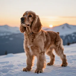 a Light brown english cocker spaniel on a snowy mountain, photo realistic, well detailed, with a sunset