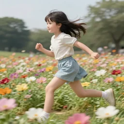 photorealistic anime girl running through a flowerfield in slow motion, motion blur, 4 k, very detailed